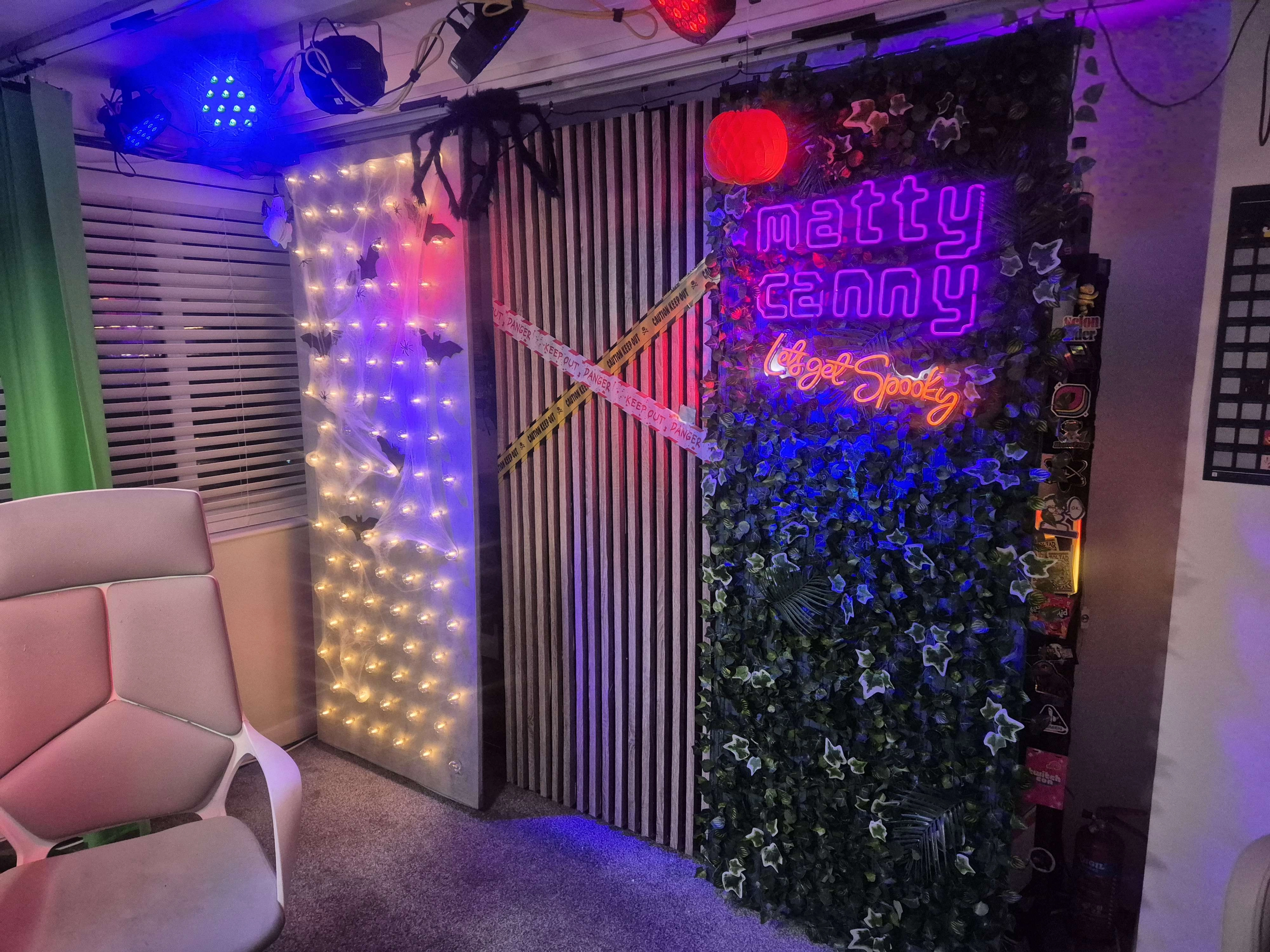 The stream room decorated for Spooktober